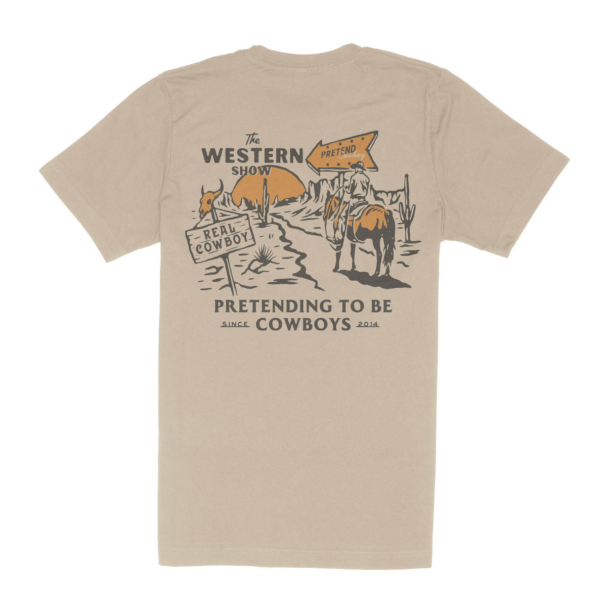 Beige short sleeve tee shown from the back with a large vintage Western Show graphic featuring cowboys and desert scene.