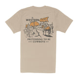 Beige short sleeve tee shown from the back with a large vintage Western Show graphic featuring cowboys and desert scene.