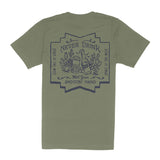 Back view of olive green t shirt featuring a large navy graphic reading Never Drink With Your Shootin Hand inside a decorative frame