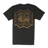 Front view of black t shirt with a large orange graphic featuring Never Drink With Your Shootin Hand inside a decorative frame