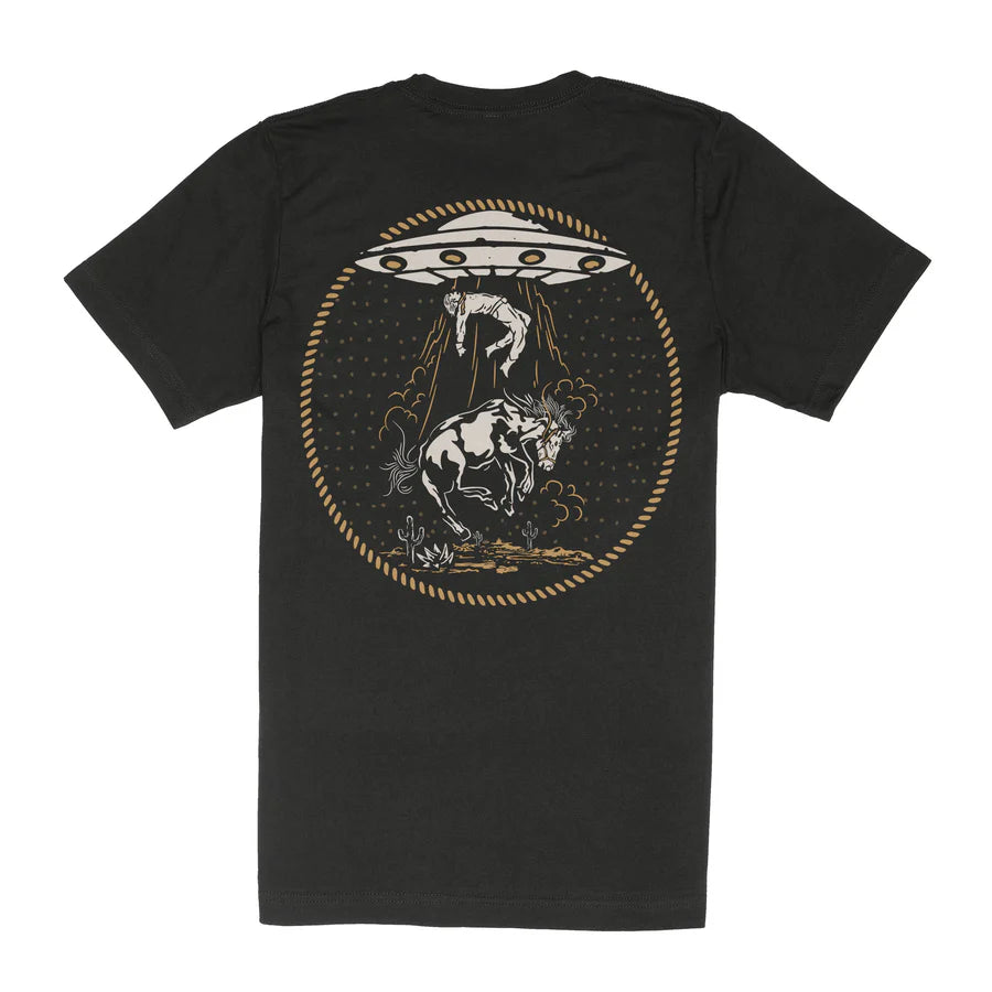 Charros and Aliens Tee back view with a circular gold outlined scene of a bucking horse and a hovering UFO.