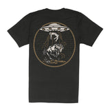 Charros and Aliens Tee back view with a circular gold outlined scene of a bucking horse and a hovering UFO.