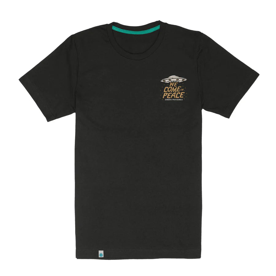 Charros and Aliens Tee front left chest graphic featuring a UFO and the words We Come in Peace.