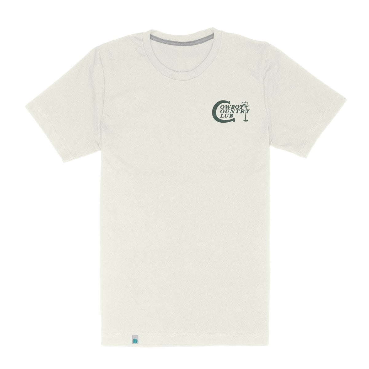 Front view of light Cowboy Country Club T shirt with small left chest logo