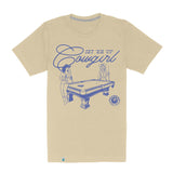Beige Set Em Up Cowgirl Tee with blue illustration of two cowgirls around a pool table and script text.