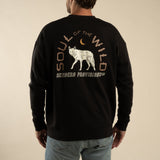 Back view of Solitario Sweatshirt featuring a large wolf graphic and circular text design