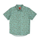 Teal Serape Pearl Snap short sleeve shirt with brown rodeo print, front view