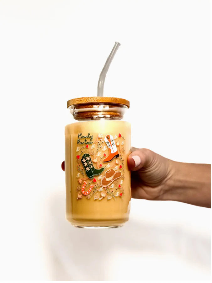 Howdy Partner Glass Can w/ Straw & Lid