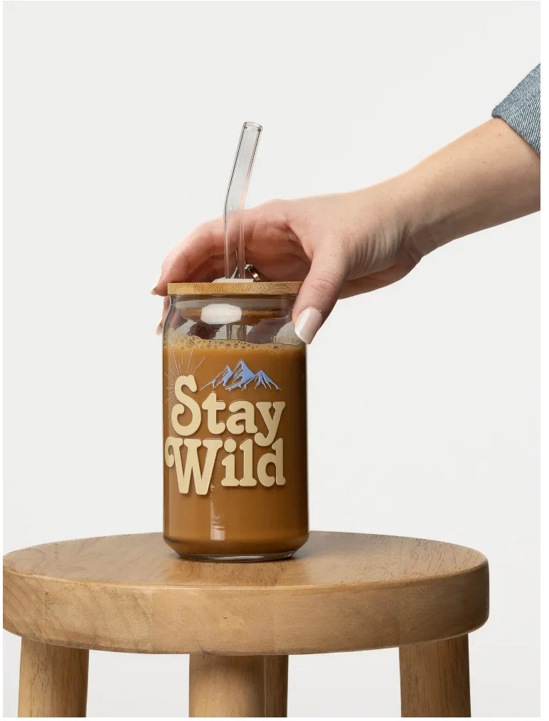 Stay Wild Glass Can w/ Straw & Lid