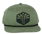 Military green unstructured hat with a black rope and a desert themed hex patch on the front
