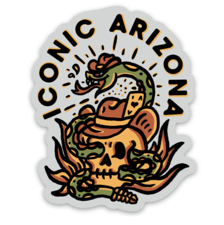 Gambler sticker with a skull wearing a cowboy hat wrapped by a green snake and bold Arizona lettering