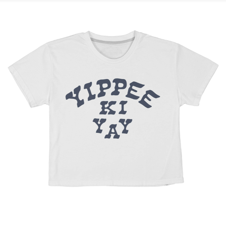 White t-shirt with 'Yippee Ki Yay' text on a white background