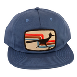 Blue unstructured strapback cap with retro patch of a running roadrunner