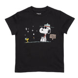 Peanuts x Parks Project Happy Campers kids black tee featuring Snoopy and Woodstock camping scene