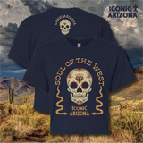 Soul of the West crop tee in navy featuring a large decorative sugar skull and arching text on the back