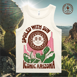Cream ribbed sleeveless tank with a sun graphic and Spoiled With Sun text against a desert landscape.