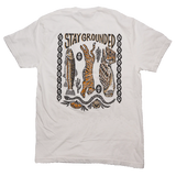 Back view of Stay Grounded tee with bold illustrated border and fish and animal motifs.