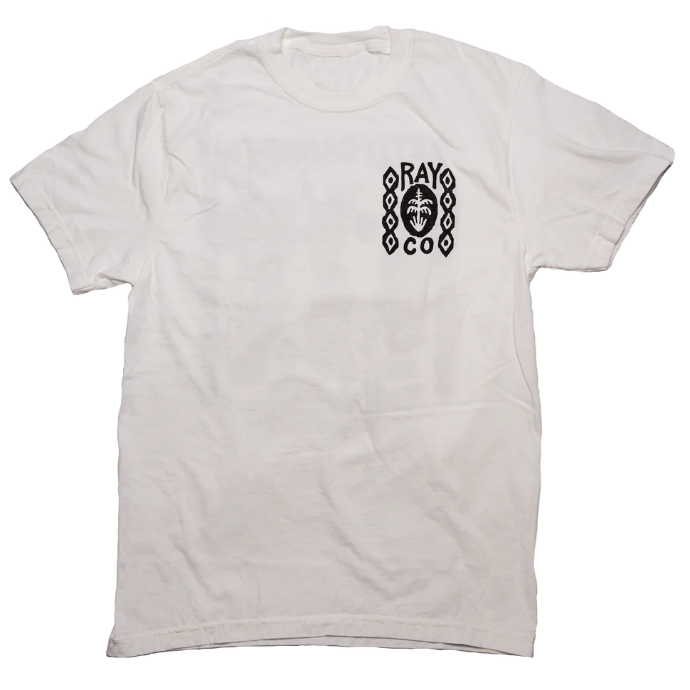White Stay Grounded tee with small left chest RAYO CO logo and decorative border.
