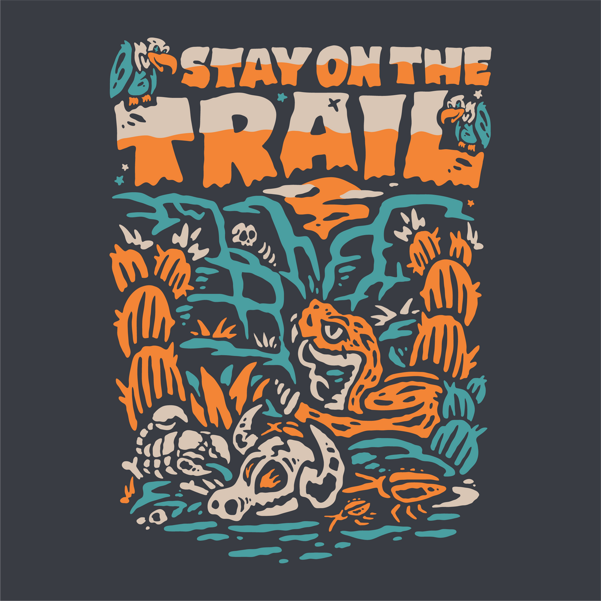 Front view of navy Stay on the Trail Women s Boxy Crop Tee featuring the bold Stay on the Trail graphic with orange and turquoise desert illustration
