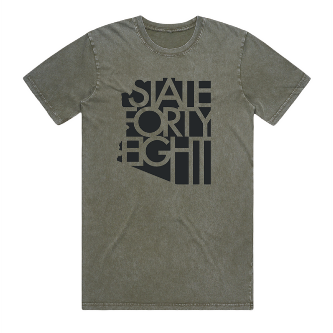 Moss stone colored tee laid flat with a large black State Forty Eight graphic on the front.
