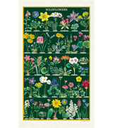Vintage botanical illustration of assorted wildflowers on a dark green background framed with a yellow border.