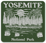 Yosemite National Park sticker featuring mountains, a pine forest, and a river scene in green and cream.