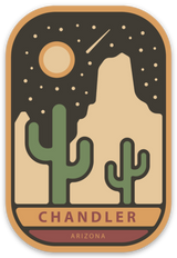 Chandler Arizona Desert Night sticker design showing two cacti a rock formation moon and stars with Chandler Arizona label