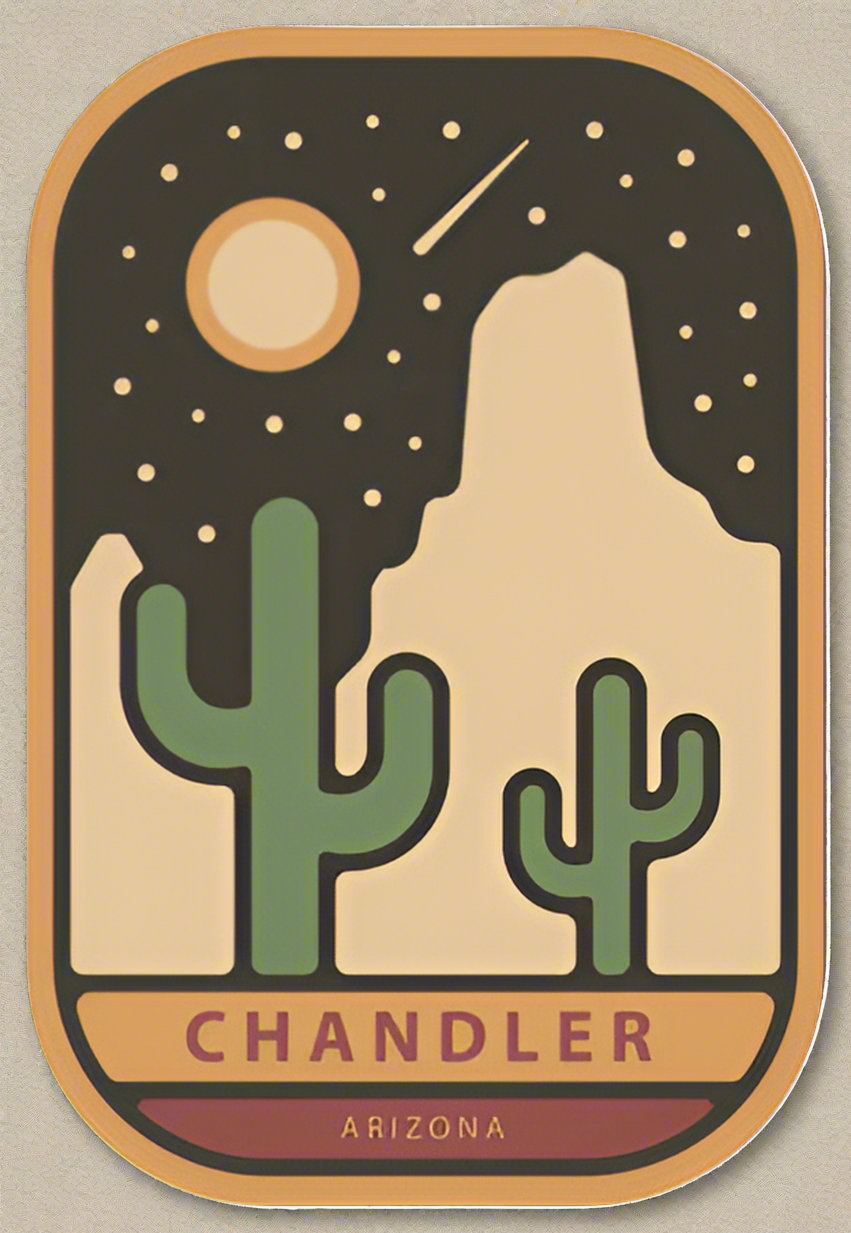 Chandler Arizona Desert Night sticker on a light background featuring cacti and a rock formation under a starry night