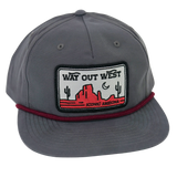 Gray Way Out West rope unstructured hat with a desert landscape patch and burgundy rope.