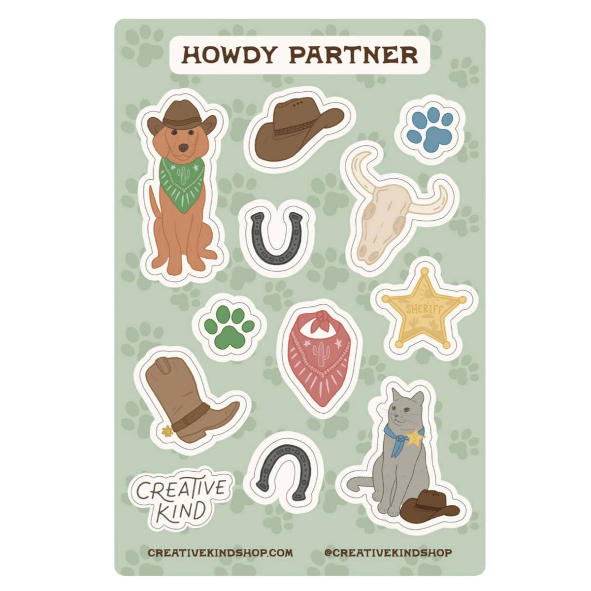Sticker sheet with cowboy-themed stickers on a light green background
