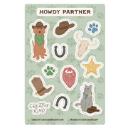 Sticker sheet with cowboy-themed stickers on a light green background