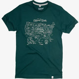 Teal graphic t shirt with a white illustrated United States map and National Parks theme