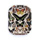 Small metal vintage butterfly catchall tray with a colorful butterfly collage on a cream background.