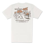 White T-shirt back view with large Western Show graphic showing a desert scene and signs.