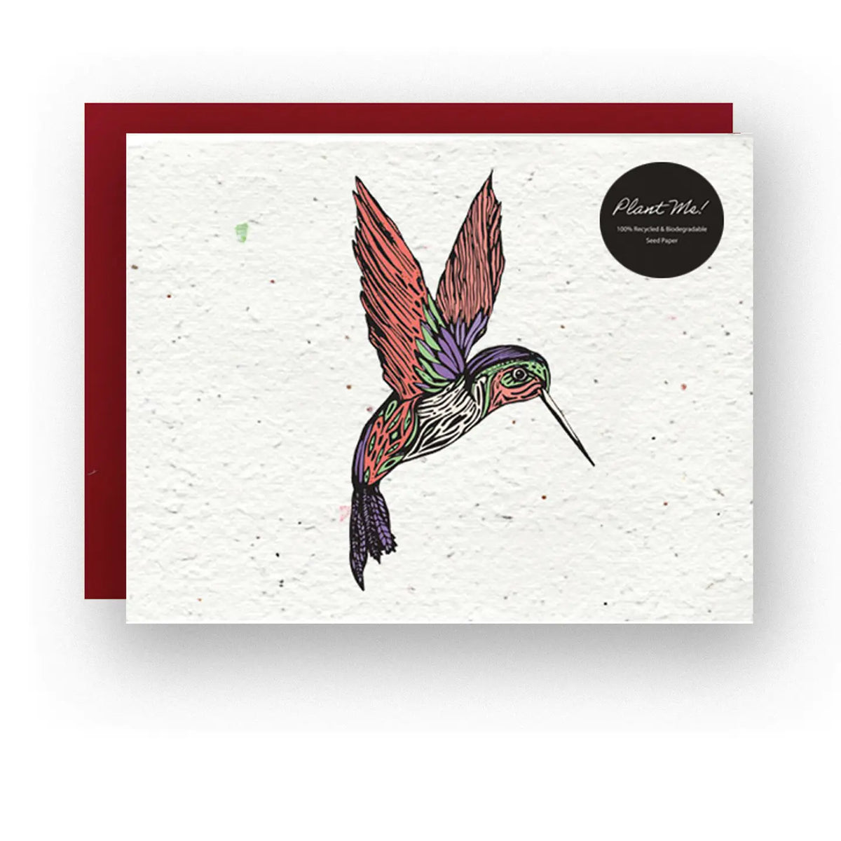 Whimsical hummingbird seed card with a colorful hummingbird illustration on speckled seed paper
