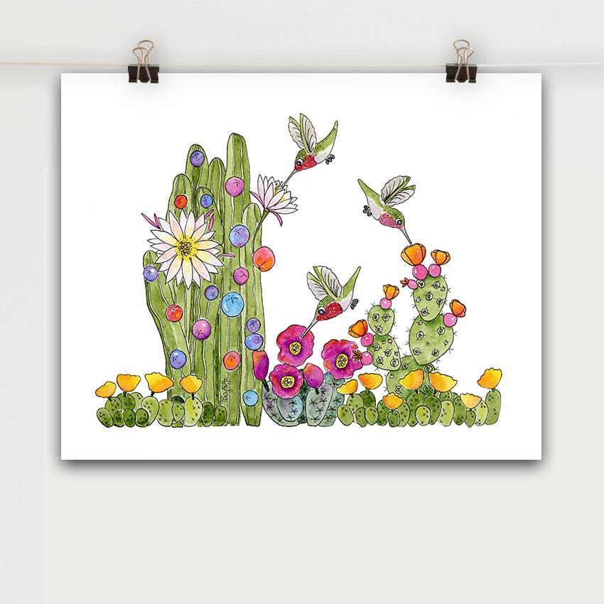 Hummingbirds Cactus Flowers Art Print