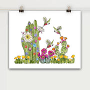 Hummingbirds Cactus Flowers Art Print