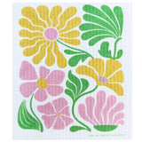 Large Flowers Swedish dishcloth showing yellow petals with pink center and green leaves on a white background