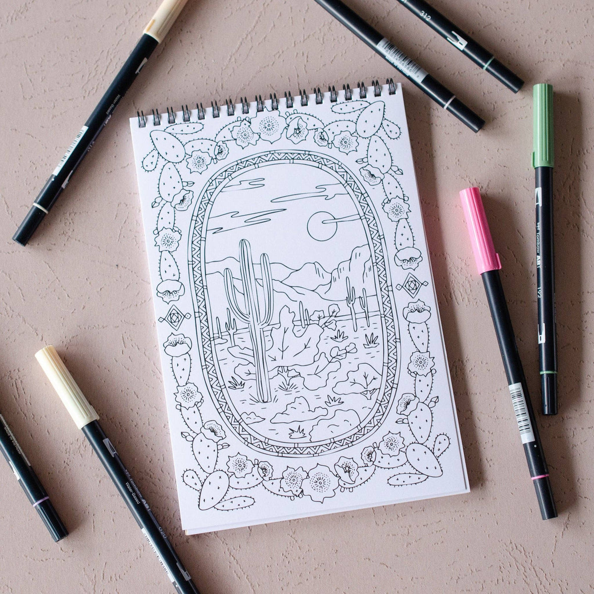 Desert coloring page featuring cacti and a decorative circular frame with desert plants.