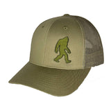 Olive green trucker hat with a green embroidered Bigfoot silhouette on the front panel and a breathable mesh back.