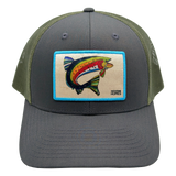 Front view of a gray Colorado Cutthroat Trout Trucker hat with a colorful fish patch outlined in turquoise