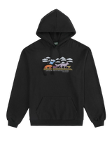 Black hoodie with a colorful circular dinosaur and flora illustration on the chest area.