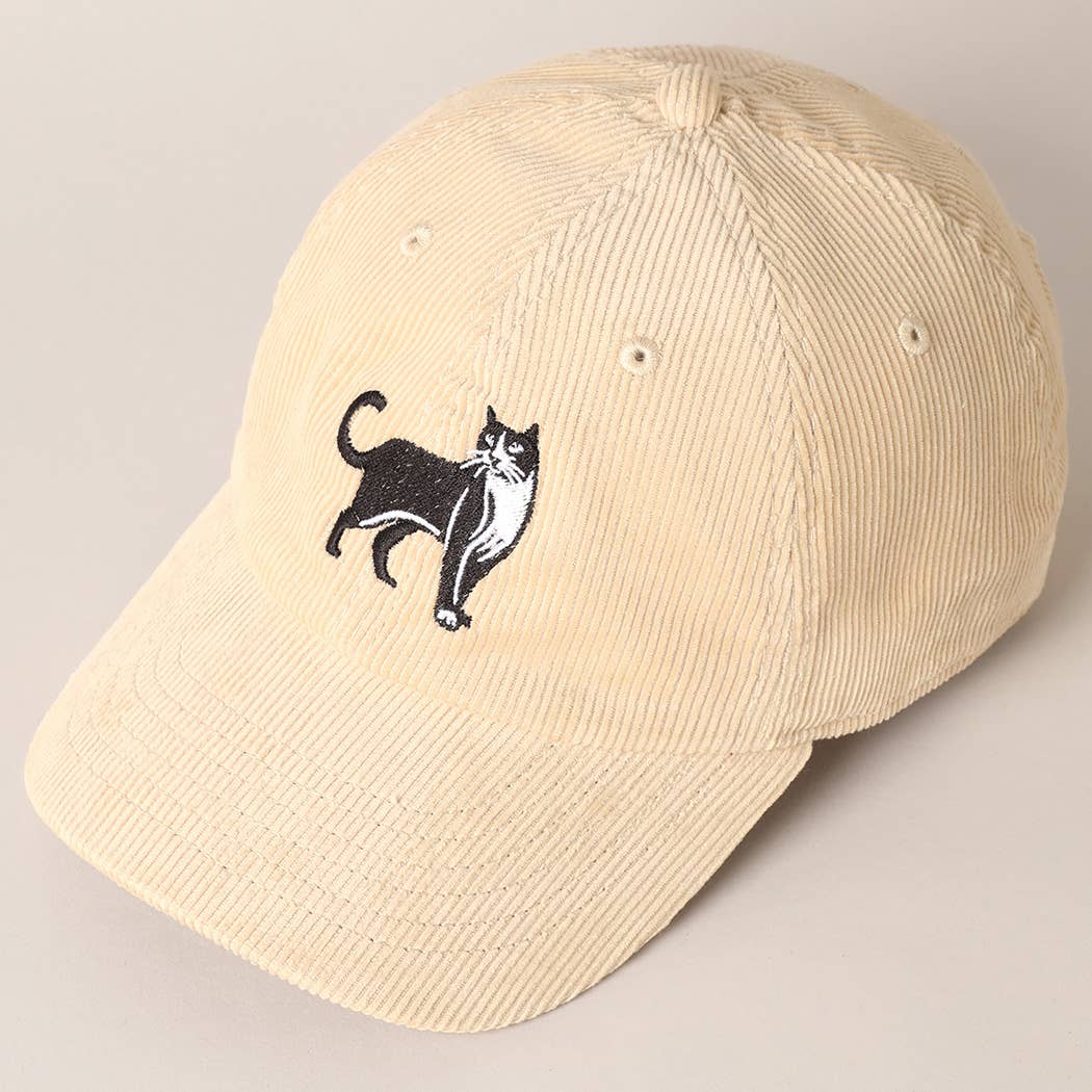 Tuxedo Cat Embroidery Corduroy Baseball Cap