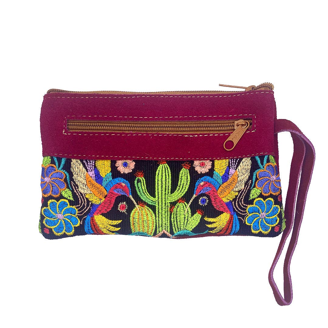 Embroidered Floral Cactus Suede "Beca" Purse Wristlet Bag