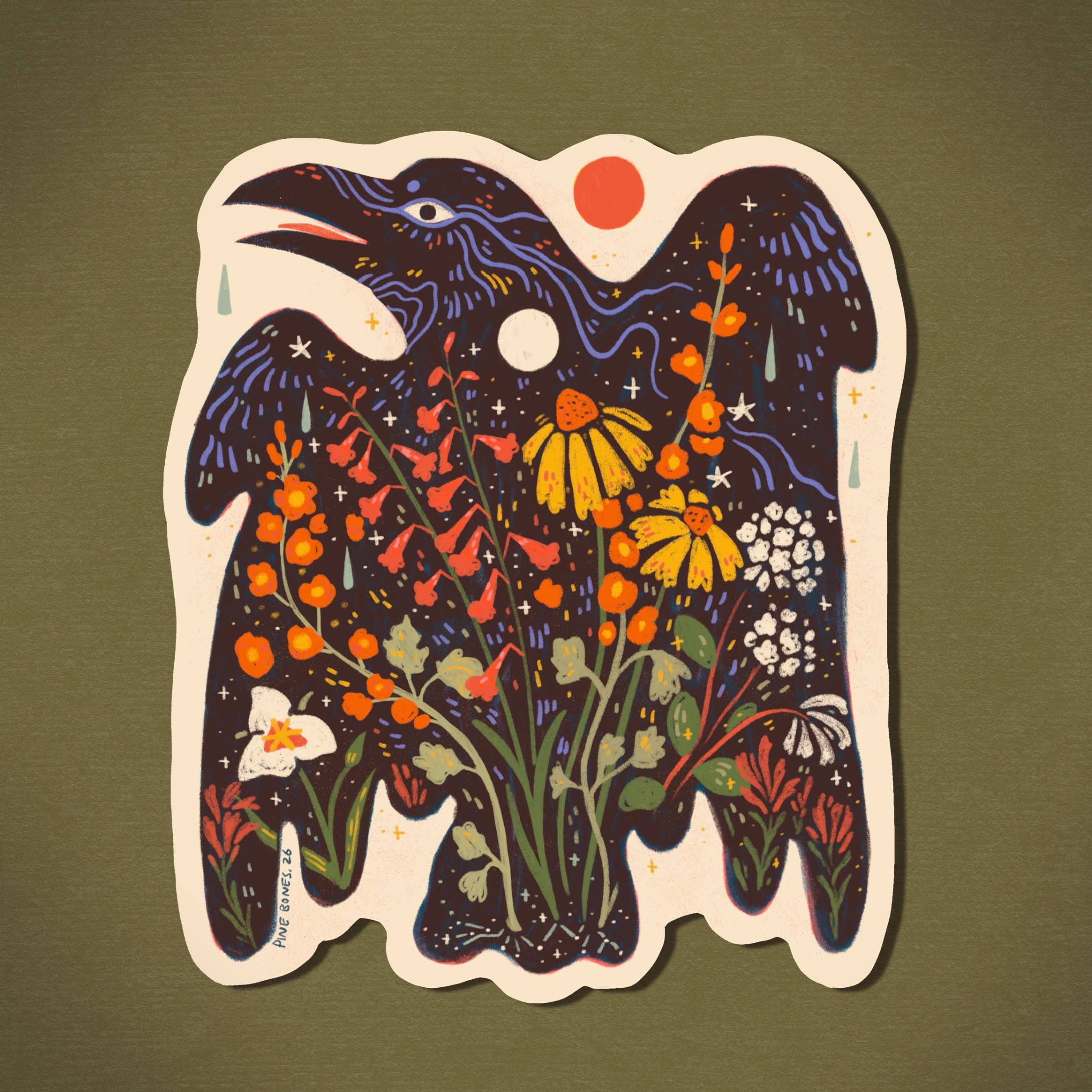 Wildflower Raven - Durable & Weatherproof Sticker