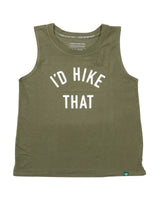 Olive green women's muscle tank with I’d Hike That graphic on front