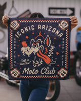 Dark blue bandana with Route 66 and Moto Club artwork featuring a cartoon dog and the phrase Left in the Dust