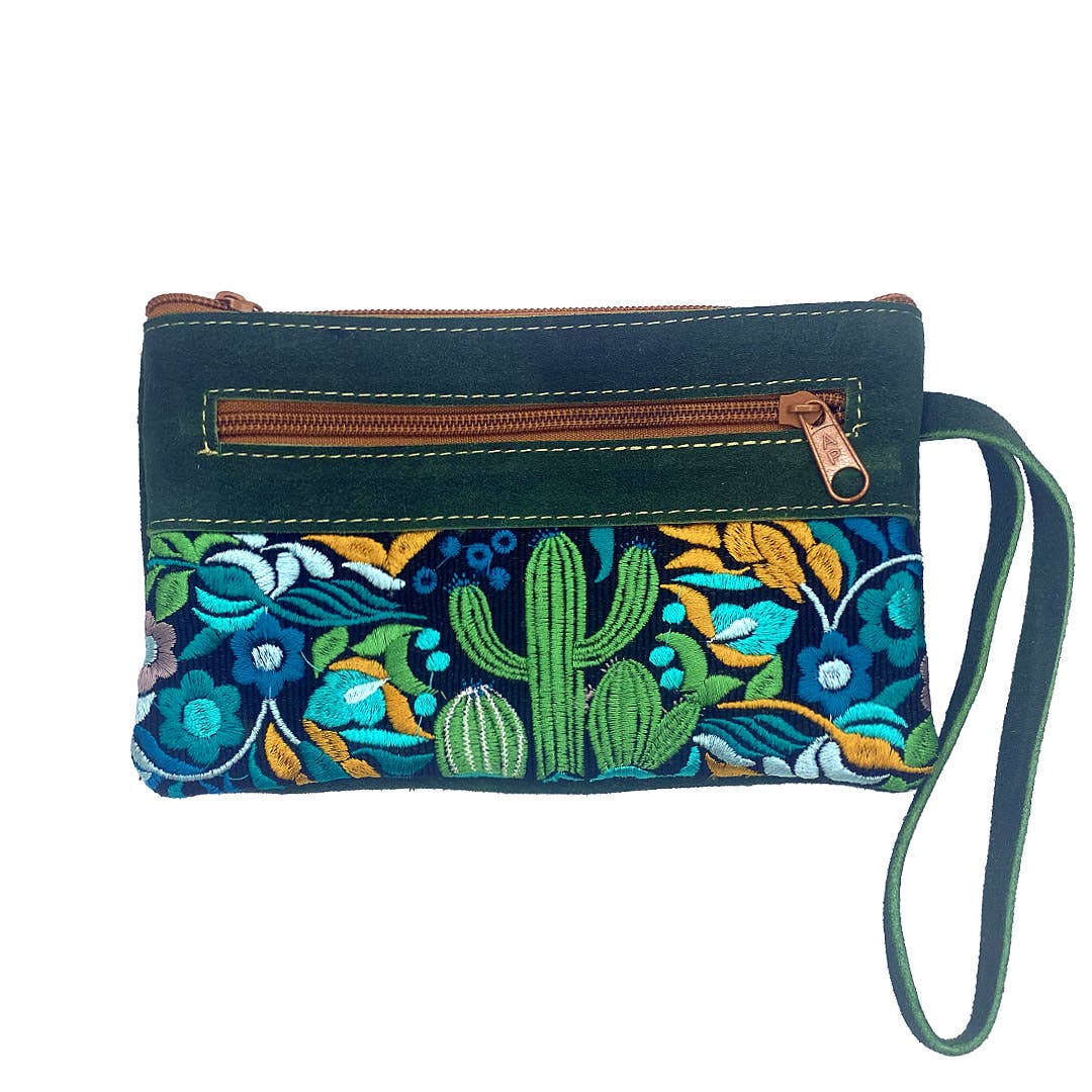 Embroidered Floral Cactus Suede "Beca" Purse Wristlet Bag