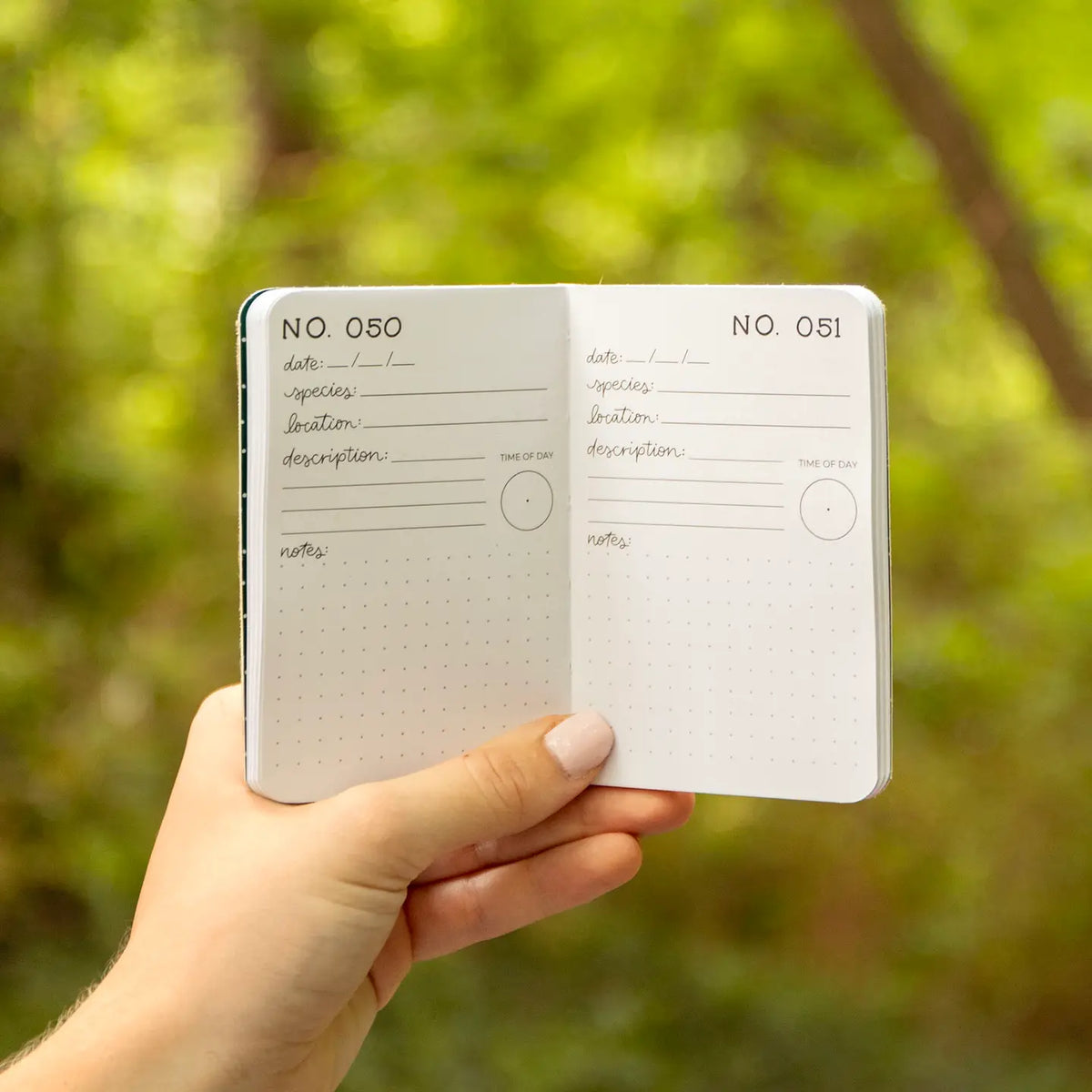 Hand holding a small open notebook showing No 050 and No 051 pages with fields and dotted pages outdoors