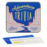 Adventure Trivia 100 card game set tin box with blue desert canyon artwork and sample cards